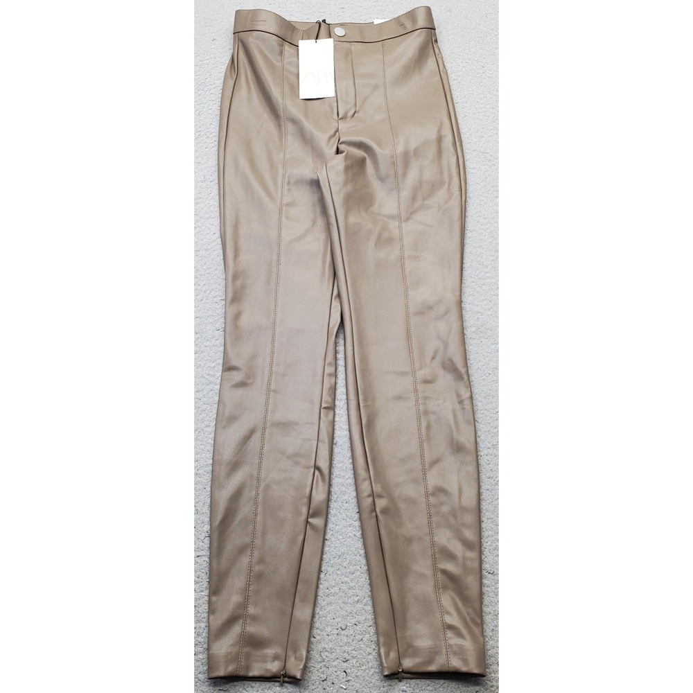 Zara Faux Leather Legging Pants Women Small Brown High Rise Ankle Zip Athleisure